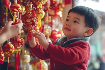 Child looking at Chinese lunar year decorations by stores on street side.