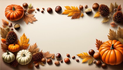 A white page with a blank center, bordered by small pumpkins, acorns, and chestnuts in warm autumn tones.