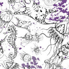 Marine life, sea ocean underwater creatures fish, shells algae seaweed, Ink and pen sketch hand drawn. Seamless pattern illustration, stylized, isolated on white. Zoo shop, aquarium, cosmetics, resort