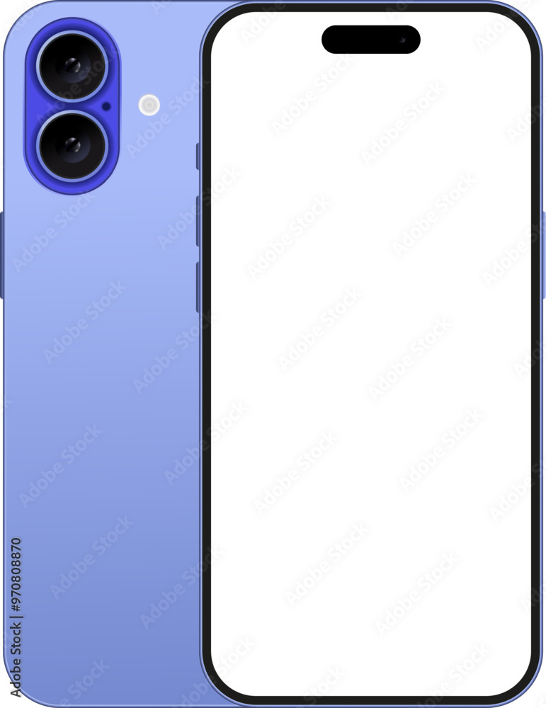 Poster new phone in ultramarine color - vector mockup on transparent background. phone mockup in front and 