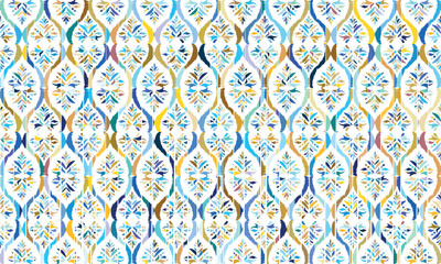 Digitally created motif of floral patterns and geometric shapes on a white background.