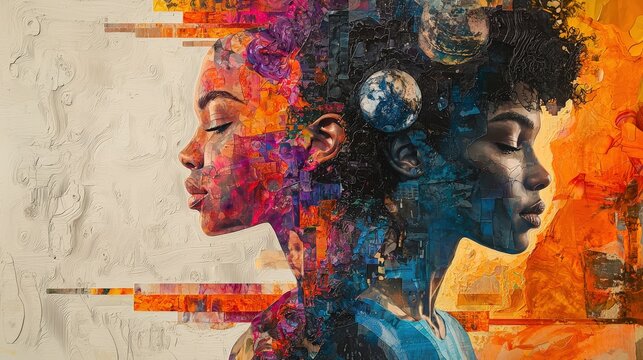 Surrealist analog collage of multicultural figures, showcasing a wide range of ages, abilities, and gender identities, intertwined with dreamy textures, abstract shapes, and ethereal elements