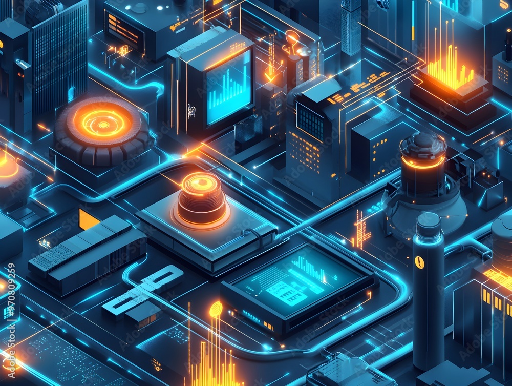 Poster futuristic and colorful infographic showcasing virtual twin analytics and data visualization concept
