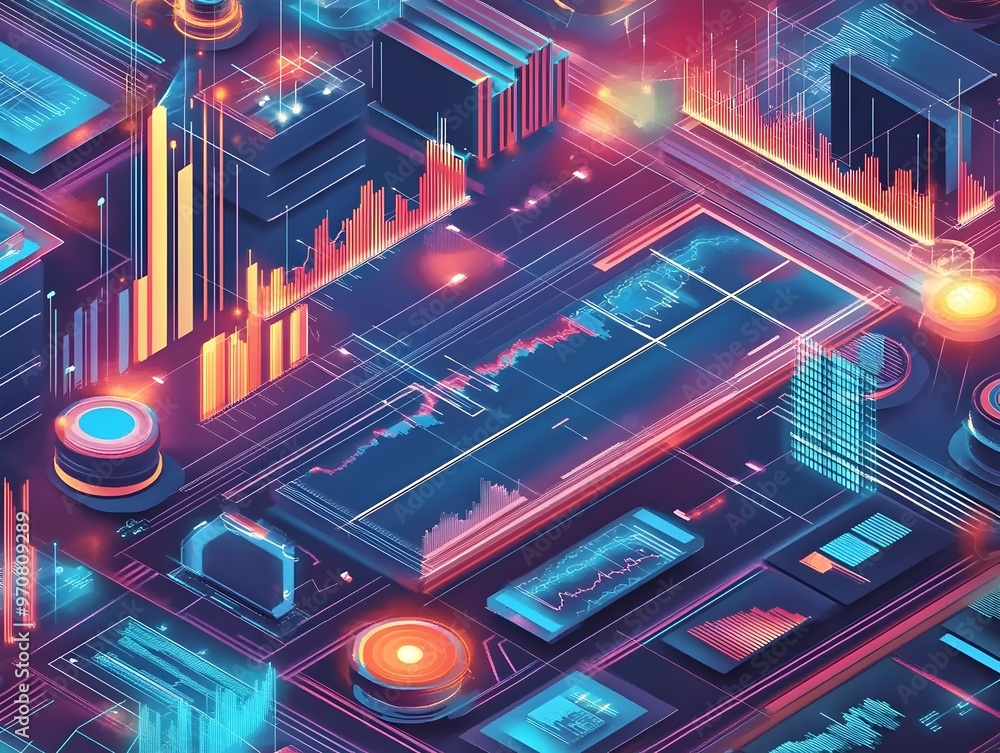 Poster vibrant and dynamic infographic showcasing the complex world of virtual analytics,data visualization