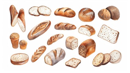 Watercolor illustration style of Bread Assortment Flat Lay. Minimalist Design. White Background. Various Bread Loaves and Slices Spread Seamlessly. Perfect for Food Businesses