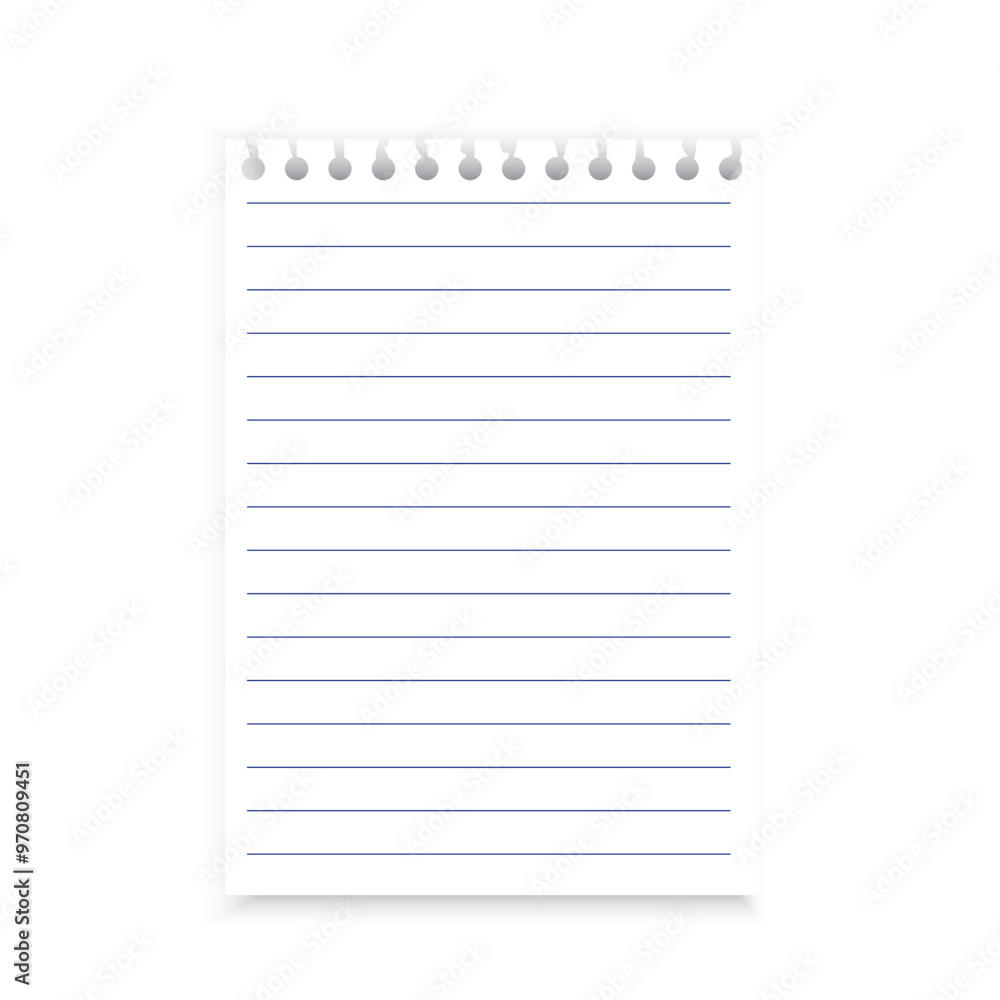 Poster lined notebook page. spiral bound sheet. simple ruled paper. white background.