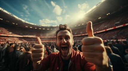 a thumbs up against a football stadium with a filled crowd and field in the background.