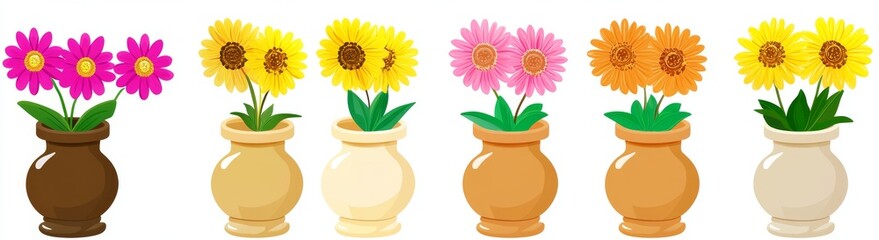 Obraz premium Set of flower icons in vases. Ceramic Pottery Glass decoration template on white background. Isolated. Flat design. White background.