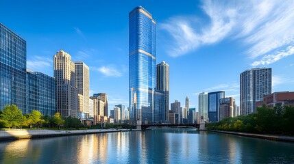 Fototapeta premium Modern Skyscrapers Reflecting on Chicago River