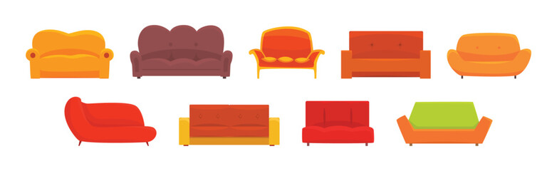 Comfortable Sofa and Couch as Apartment Furniture Vector Set