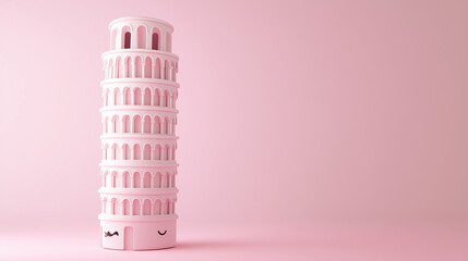 A playful, pink rendition of the Leaning Tower of Pisa with a mustachioed face, symbolizing creativity, humor, and a whimsical take on iconic landmarks.