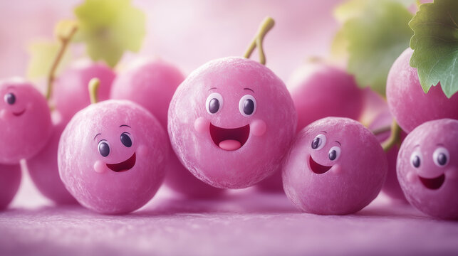 A cluster of smiling, cartoon-like grapes set against a pink background, symbolizing playful food art, creativity, and the joyful, fun side of healthy eating.
