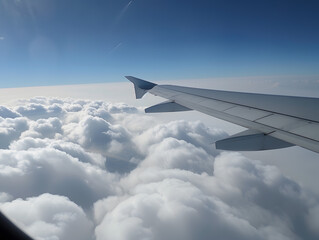 Obraz premium Porthole view from inside a passenger plane onto the wing. Neural network AI generated art