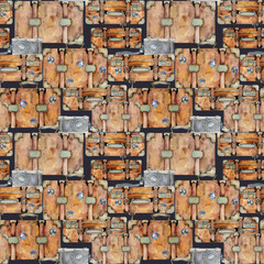 Obraz premium Suitcases luggage baggage with stickers icons pins, old photo camera. Watercolor hand drawn art. Seamless pattern. Design for tourism, travel, brochure, wedding, guide, print, card, tattoo.