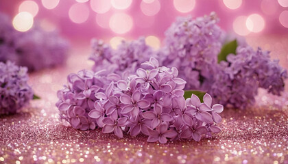 Obraz premium A cluster of purple lilac flowers rests on a sparkling surface, surrounded by soft bokeh lights that create a tranquil atmosphere. The vibrant colors enhance the beauty of the moment