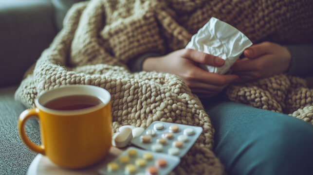 A person wrapped in a thick blanket, holding tissues, with a cup of tea and various medications on a table, suggesting they're feeling unwell.