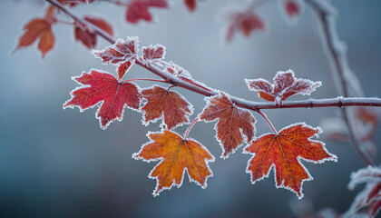 Autumn leaves in vibrant hues of red and orange are coated with frost, reflecting the soft light of dawn on a brisk fall morning, showcasing nature's beauty