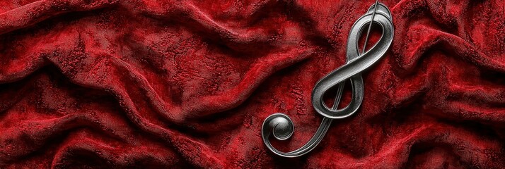 Silver Treble Clef on Red Velvet Fabric