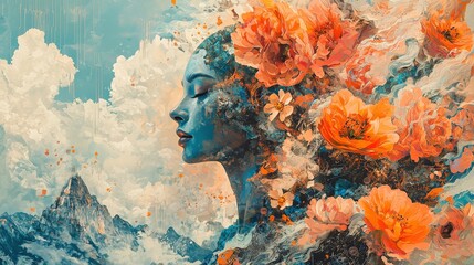 Dream-like digital collage featuring multicultural figures of different ages, abilities, and gender identities, intertwined with surreal patterns, floating elements, and whimsical textures