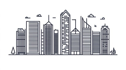 Obraz premium Outline Illustration of a Modern City Skyline with Tall Buildings and Clouds