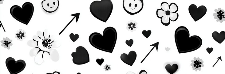 A Pixel Y2K retro seamless pattern featuring abstract icons with flower hearts and checkerboard cursor hands.