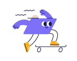 Happy geometric shape riding skateboard. Cute funny comic figure on skate board. Humor quirky kids character, sports activity. Whimsical flat vector illustration isolated on white background