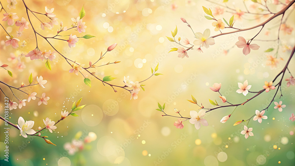 Poster soft sunlight filters through branches filled with delicate blossoms, creating a tranquil atmosphere