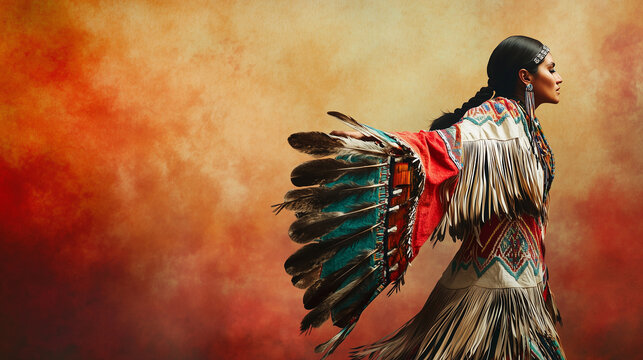 Native American woman wearing a traditional jingle dress with colorful feathers, standing gracefully against a warm gradient background, symbolizing cultural heritage and artistic expression.