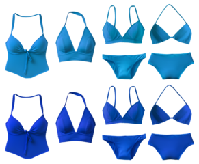 2 Set collection of dark light blue two piece swimwear swimsuit, triangle bikini, tankini, halter bra bralette, top bottom on transparent cutout PNG. Many different style. Mockup template for design 