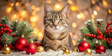 Obraz premium A playful feline soaks up the holiday magic amidst sparkling ornaments, snow-covered branches, and shimmering ribbons,