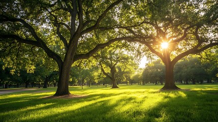 Obraz premium Sunlight Filtering Through Trees in a Lush Green Park