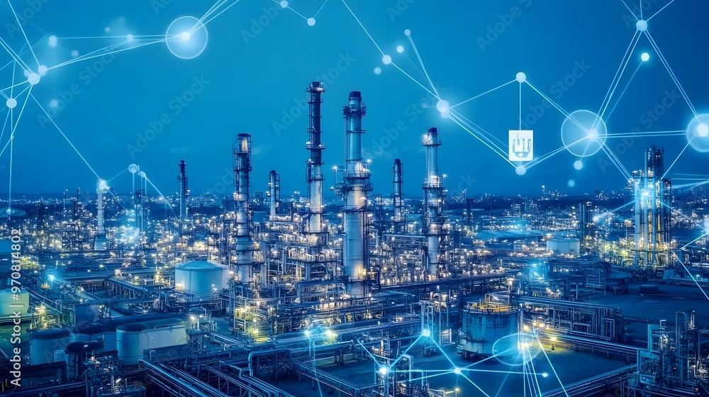 Poster a city skyline with many tall buildings and a network of lights. the lights are connected to each ot