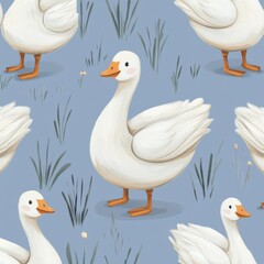 Obraz premium Decorative baby textile, wrapping paper, and wallpaper design featuring cute farm birds. Childish cartoon flat illustration.