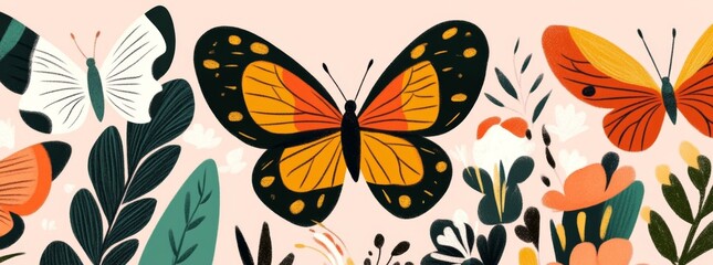 A cute cartoon butterfly with flowers. This pattern is perfect for spring and summer.