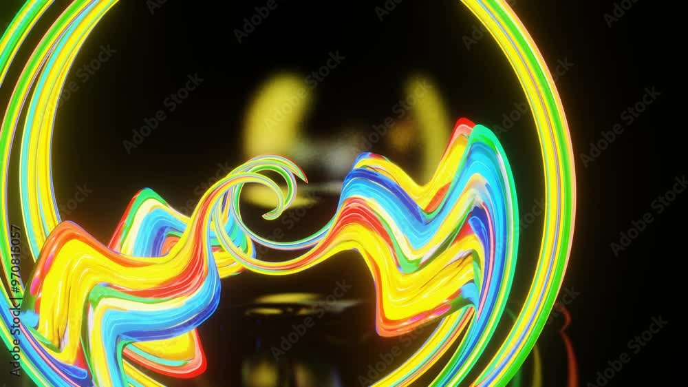 Poster rainbow abstract figure bends and deforms on black background. looped abstract animation. 3d render