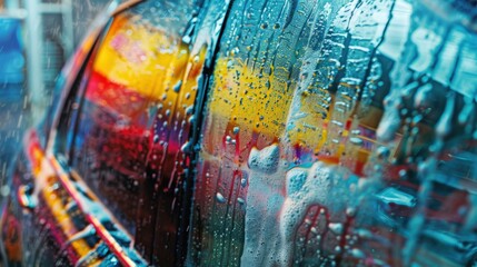 A close - up of a car covered in soapy water during the washing process at a car wash, with colorful reflections and patterns on the glass