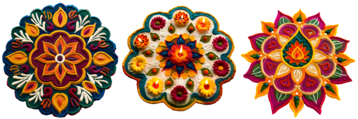 Elaborate rangoli design with rich colors and floral patterns arranged in concentric circles for diwali decoration isolated on a white background, png