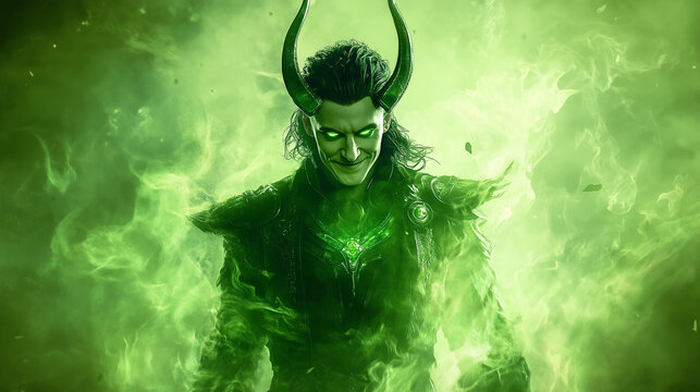 Loki, the Trickster God, with a mischievous grin and glowing green eyes, surrounded by swirling green energy, exuding power, chaos, and mischief in a magical setting.