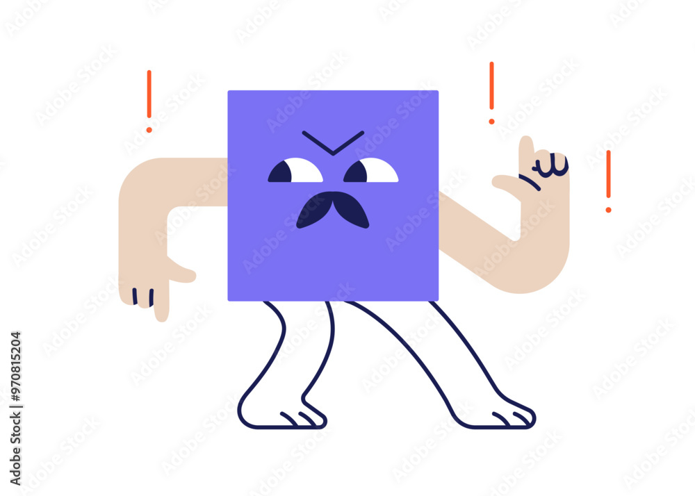 Poster square character with angry expression. funny geometric shape, figure, whimsical kids style. comic e