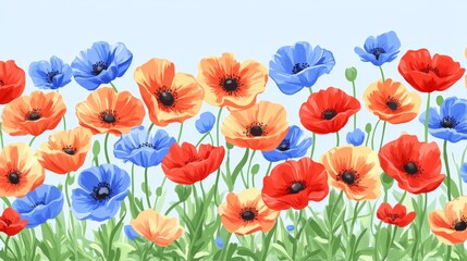 Fototapeta premium Decorative border of blossomed flowers with a floral nature background. An artistic illustration of spring blooming plants ornament, in a field or meadow with flowers and buds.