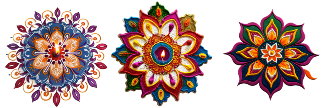 Bright and colorful rangoli design with multiple shades of pink, green, and yellow in a flower and flame-inspired circular pattern isolated on a white background, png