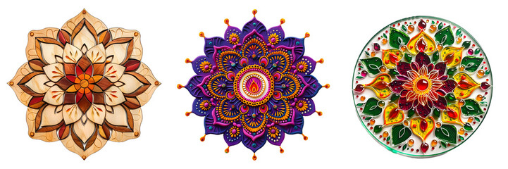 Intricate Diwali rangoli design with a vibrant combination of colors and symmetrical patterns on an isolated white background, png