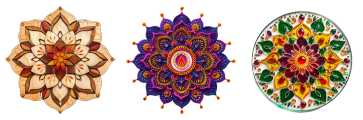 Intricate Diwali rangoli design with a vibrant combination of colors and symmetrical patterns on an isolated white background, png