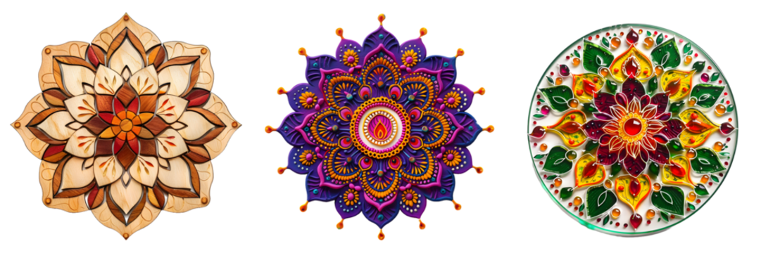 Intricate Diwali rangoli design with a vibrant combination of colors and symmetrical patterns on an isolated white background, png