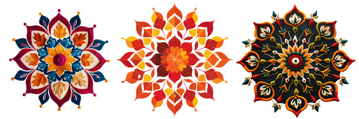 Bright and vibrant rangoli art with multiple colors and intricate detailing in a circular floral pattern isolated on a white background, png