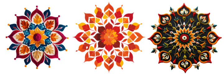 Bright and vibrant rangoli art with multiple colors and intricate detailing in a circular floral pattern isolated on a white background, png