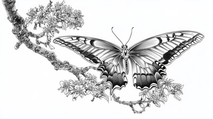 A coloring page for kids with a butterfly and flowers in a realistic cartoon style