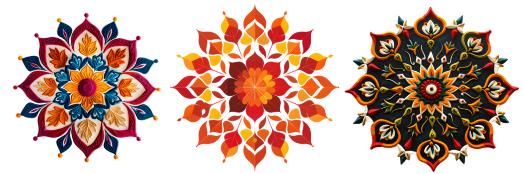 Bright and vibrant rangoli art with multiple colors and intricate detailing in a circular floral pattern isolated on a white background, png