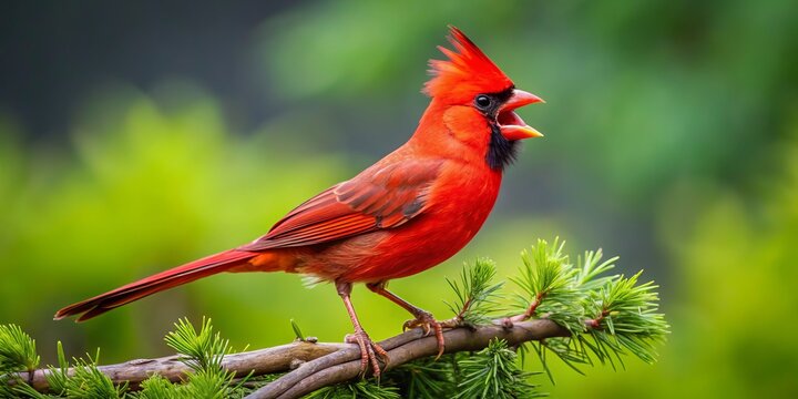 A red cardinal perches on a branch amidst green foliage, its crest raised, wings open, and beak extended - Powered by Adobe