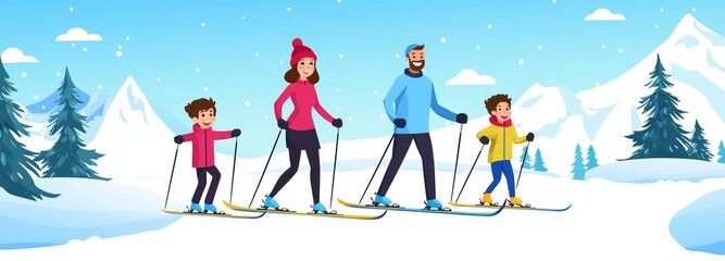 Naklejka premium An active teenager falls into a snowdrift. Cartoon modern danger winter holiday activity on snow-covered mountains in forest.